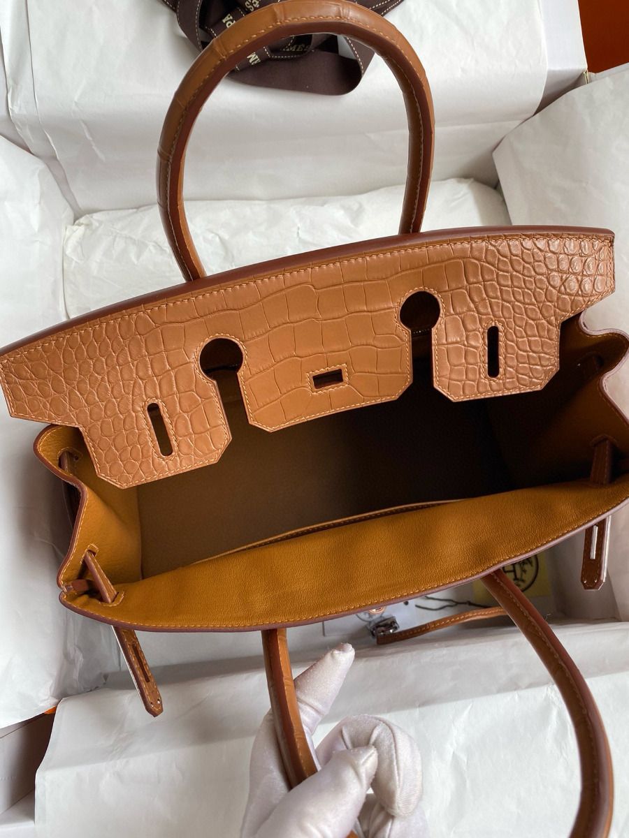 Hermes Touch Birkin 30 Bag in Gold Clemence and Matte Alligator Leather - Image 8