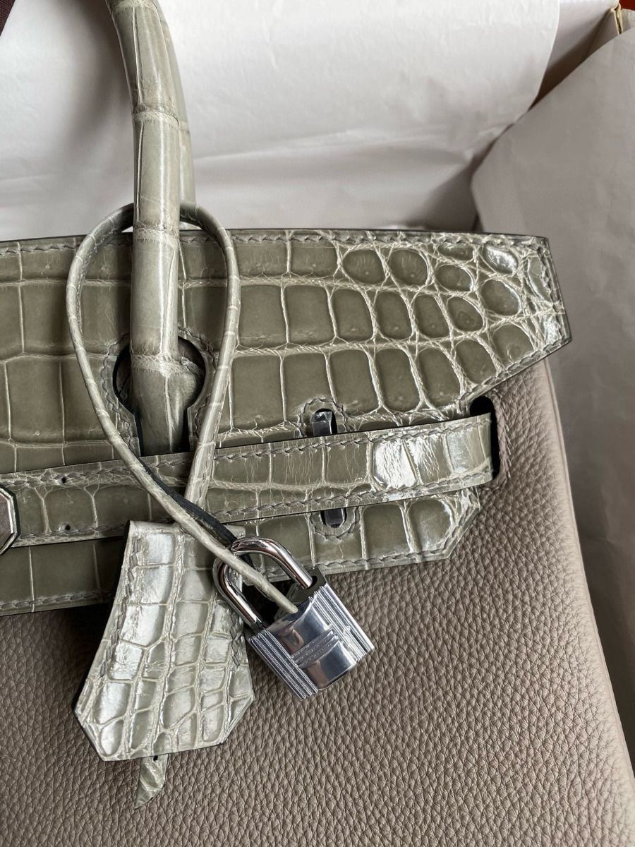 Hermes Touch Birkin 30 Bag In Gris Asphalt Clemence and Shiny Niloticus Crocodile Skin - Image 4