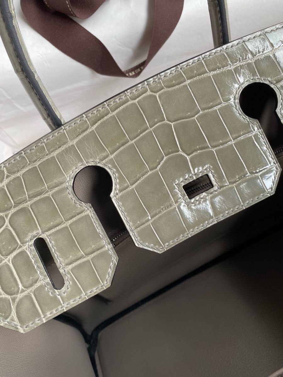 Hermes Touch Birkin 30 Bag In Gris Asphalt Clemence and Shiny Niloticus Crocodile Skin - Image 8