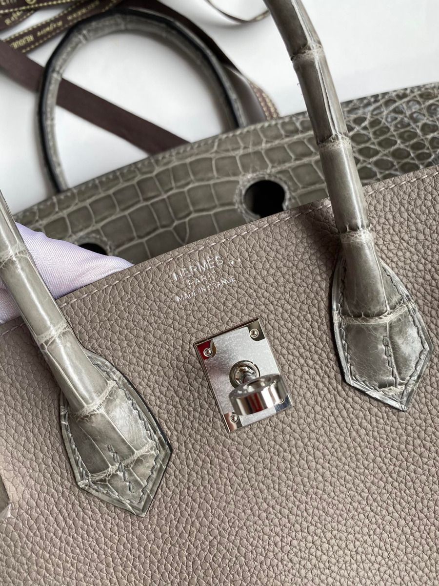 Hermes Touch Birkin 30 Bag In Gris Asphalt Clemence and Shiny Niloticus Crocodile Skin - Image 10