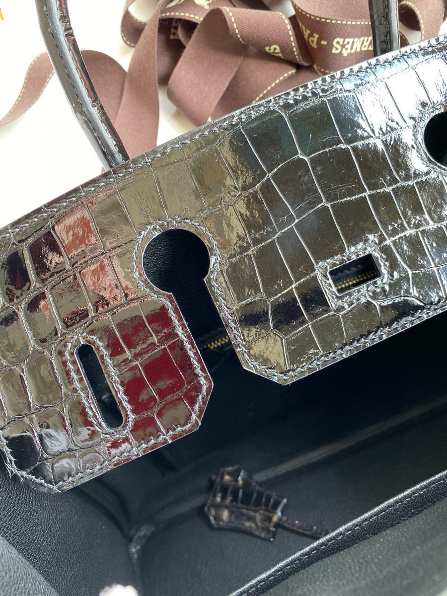 Hermes Touch Birkin 30 Bag In Black Clemence and Shiny Niloticus Crocodile Skin - Image 10