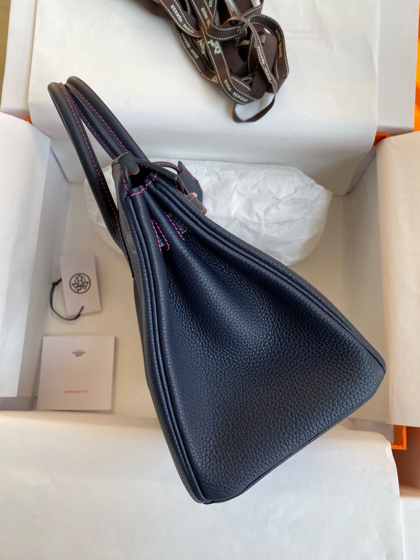 Hermes Birkin 25 Verso Retourne Handmade Bag in Blue Nuit Clemence Leather - Image 6