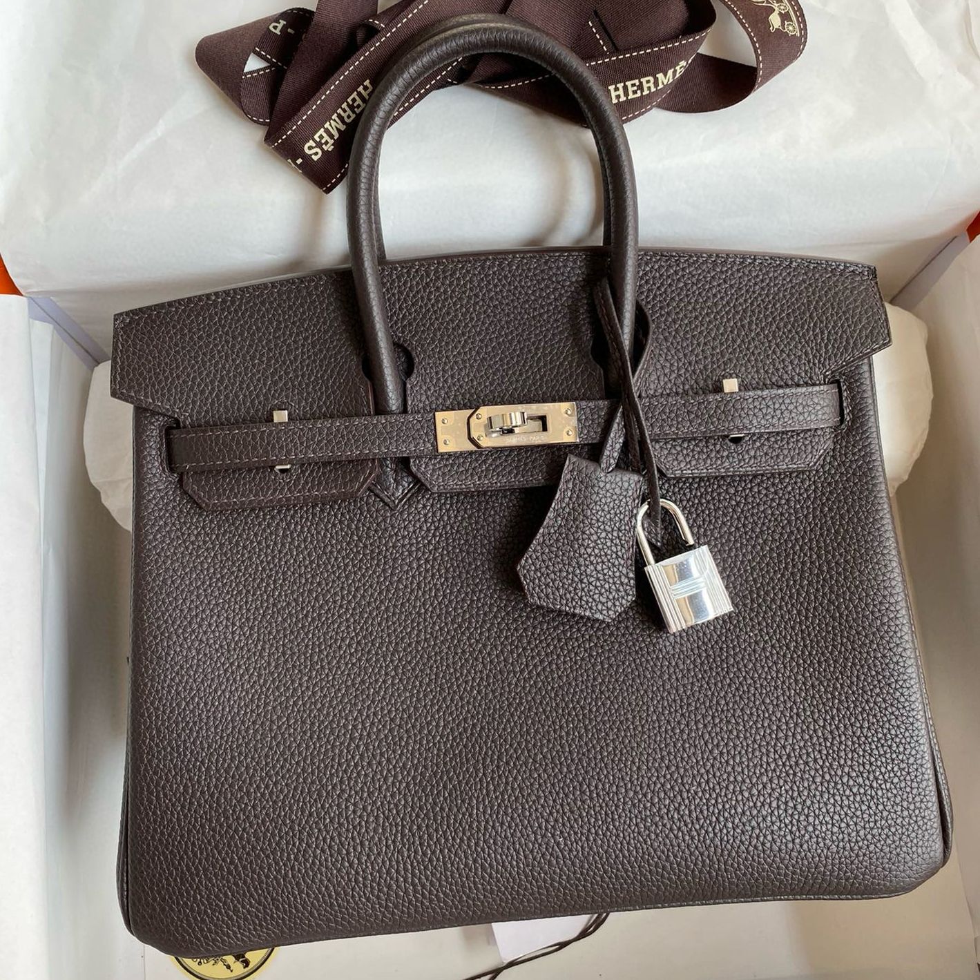 Hermes Birkin 25 Verso Retourne Handmade Bag in Ebene Clemence Leather