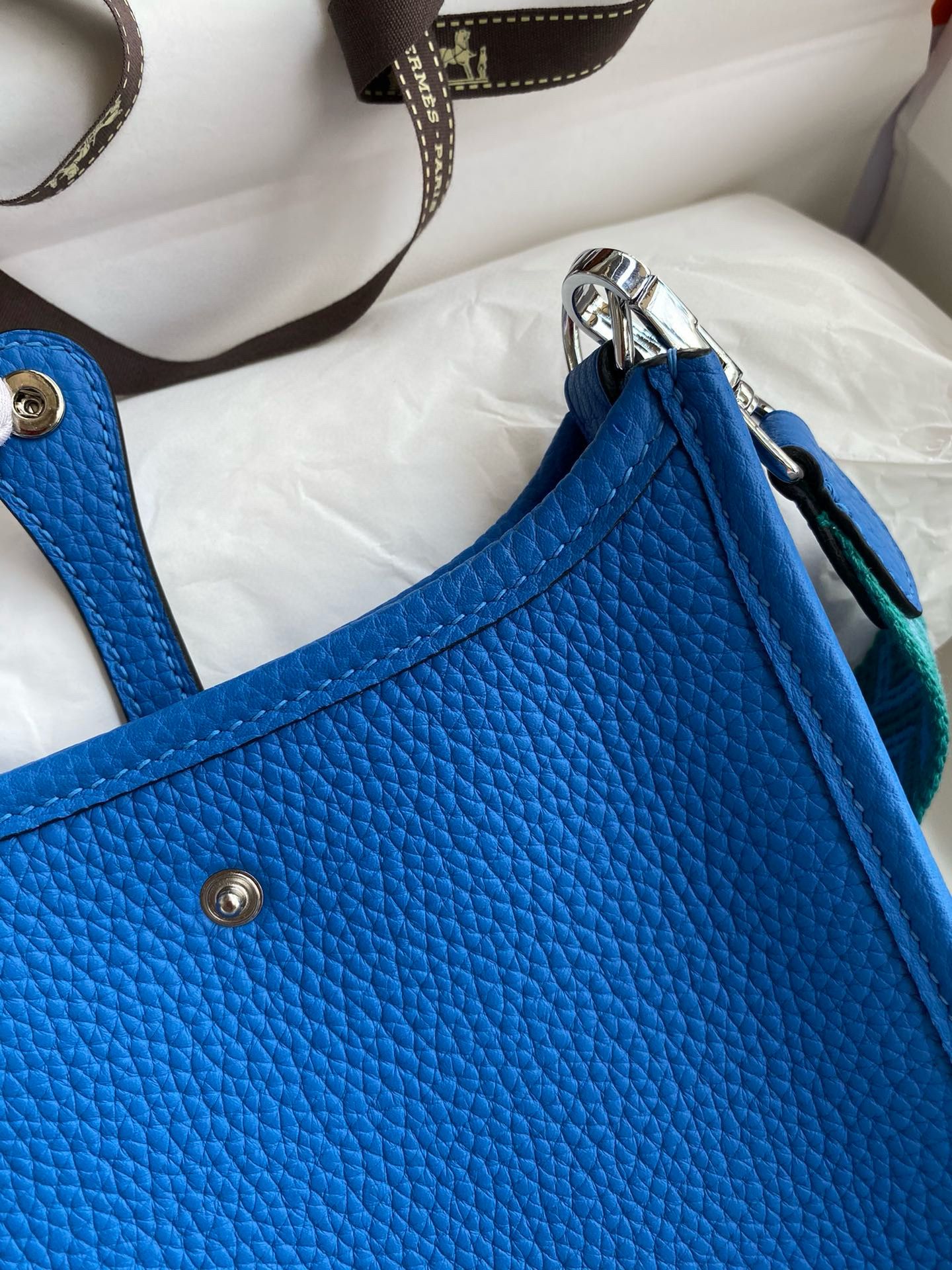 Hermes Evelyne Mini Handmade Bag in Blue Hydra Clemence Leather - Image 6