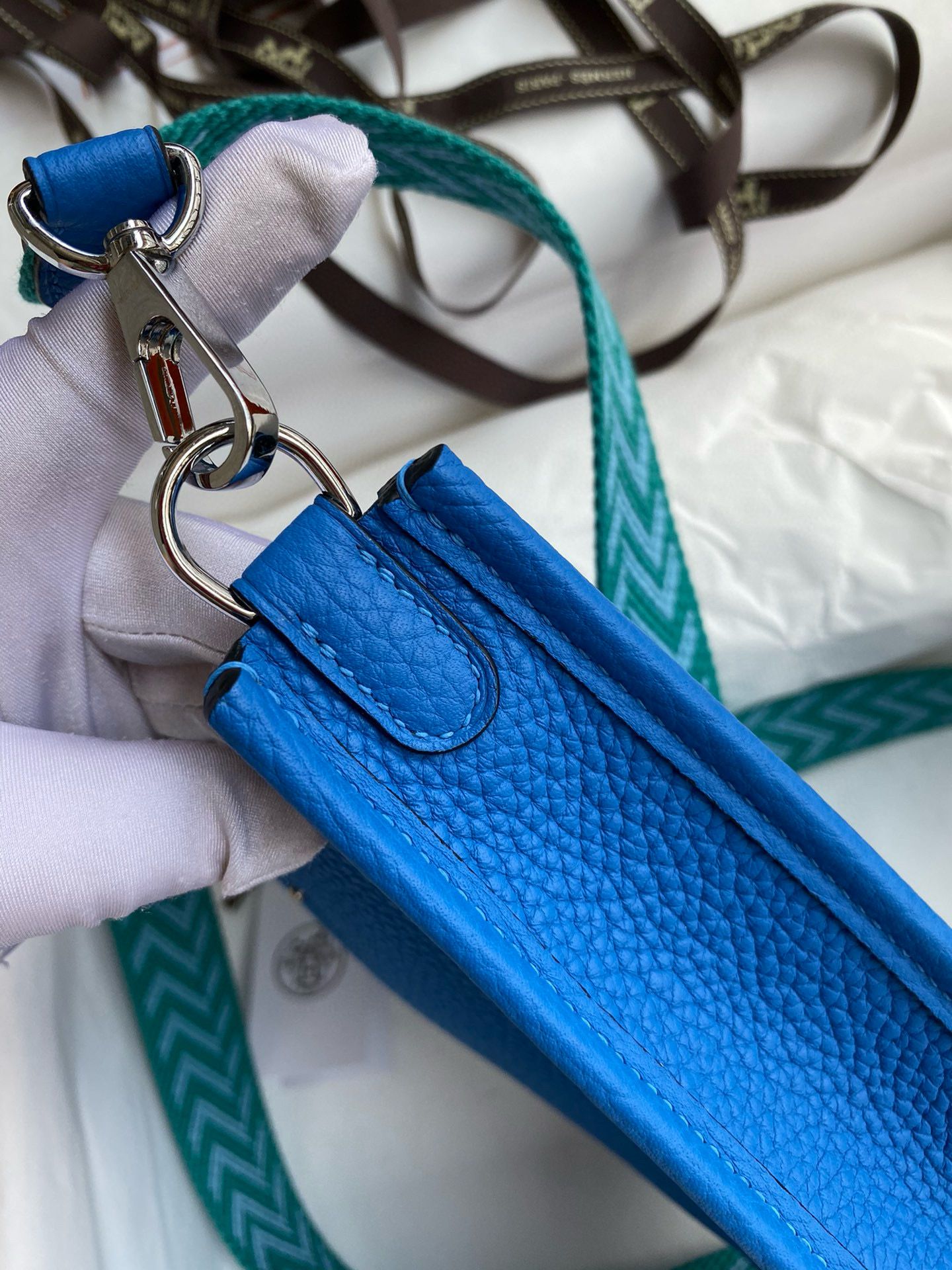 Hermes Evelyne Mini Handmade Bag in Blue Hydra Clemence Leather - Image 10