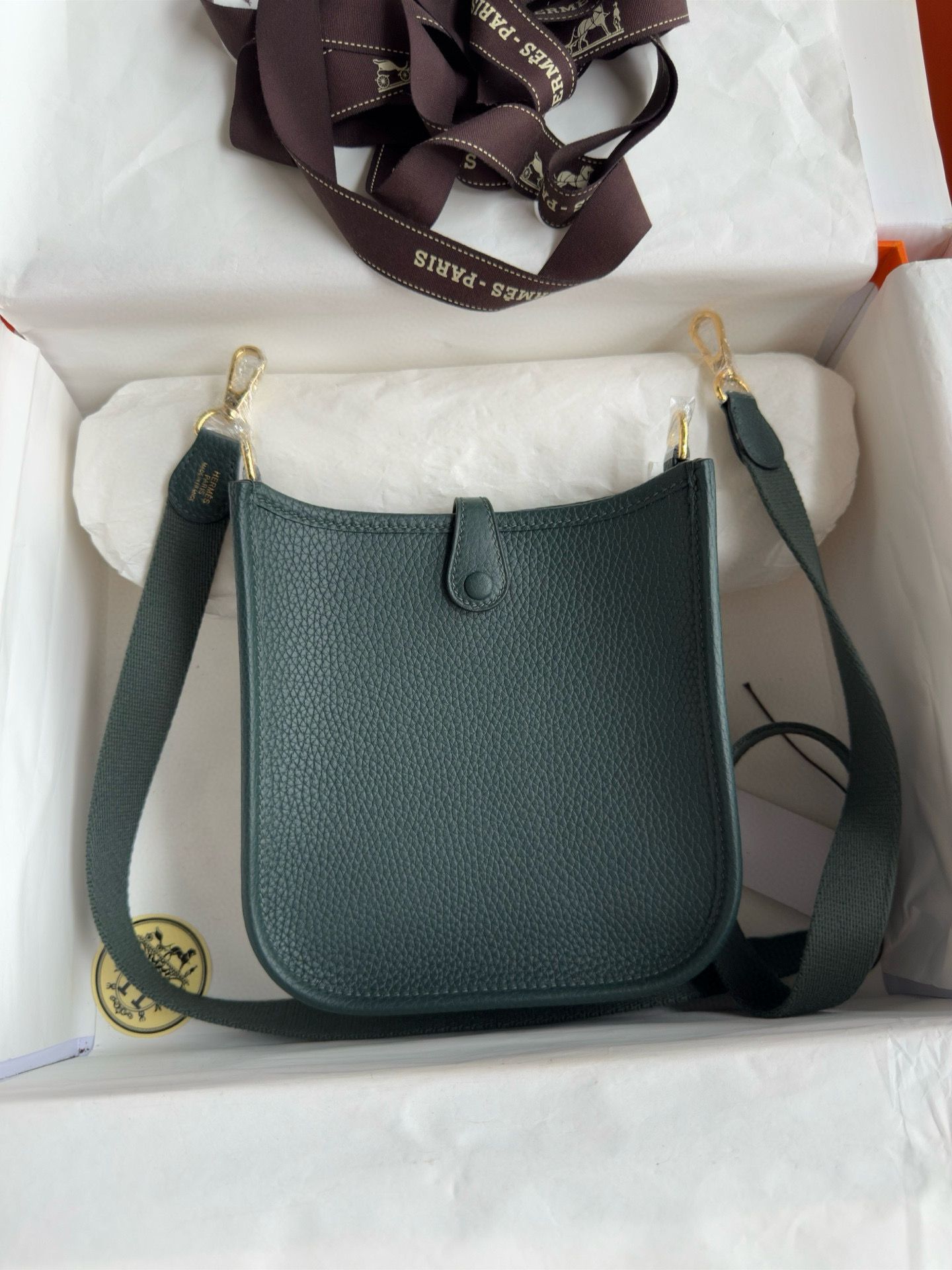Hermes Evelyne Mini Handmade Bag in Vert Cypres Clemence Leather - Image 3