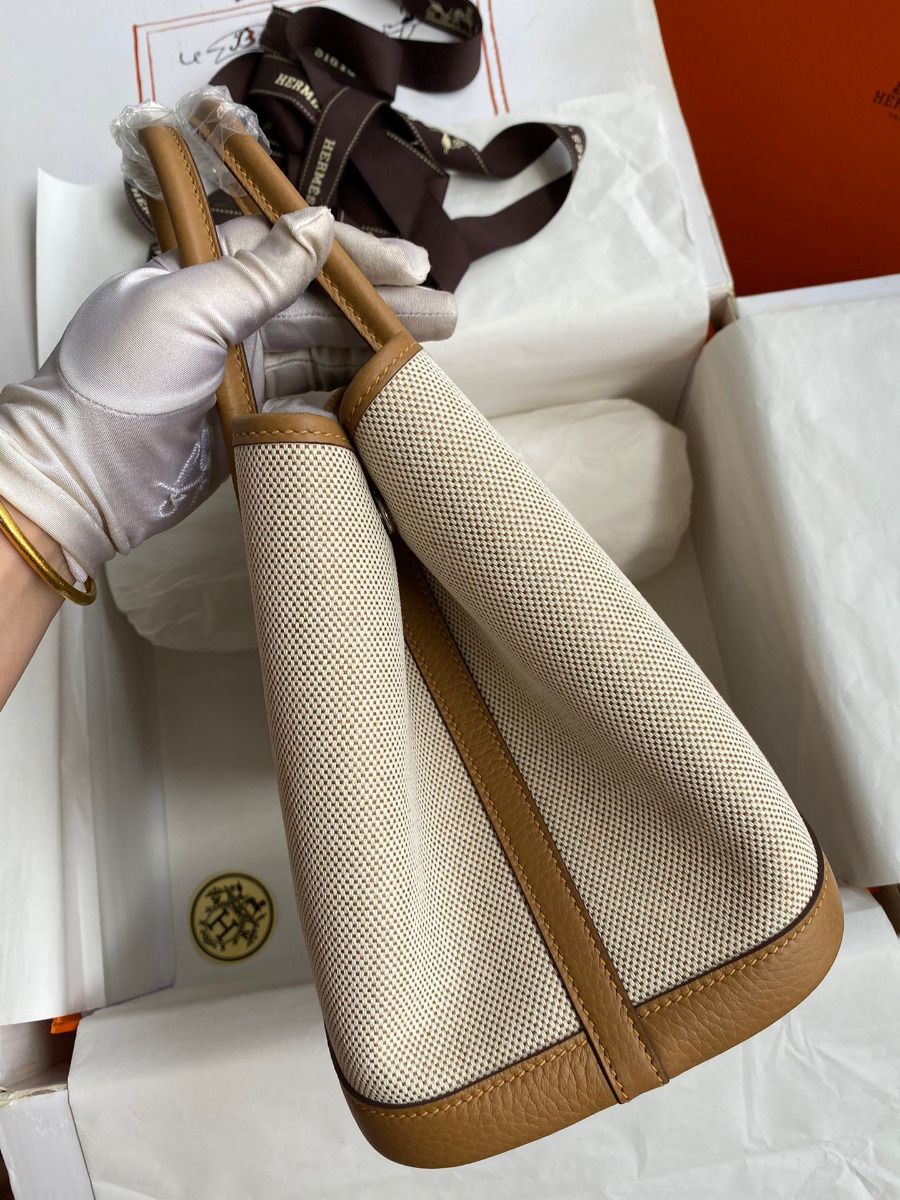 Hermes Garden Party 30 Handmade Bag in Toile and Biscuit Leather - Image 3