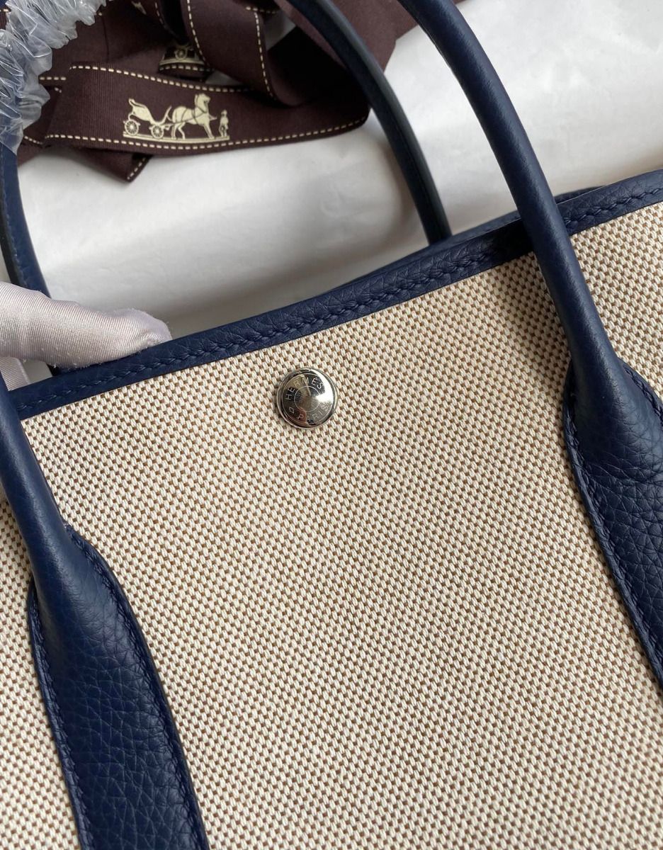 Hermes Garden Party 30 Handmade Bag in Toile and Blue Leather - Image 4