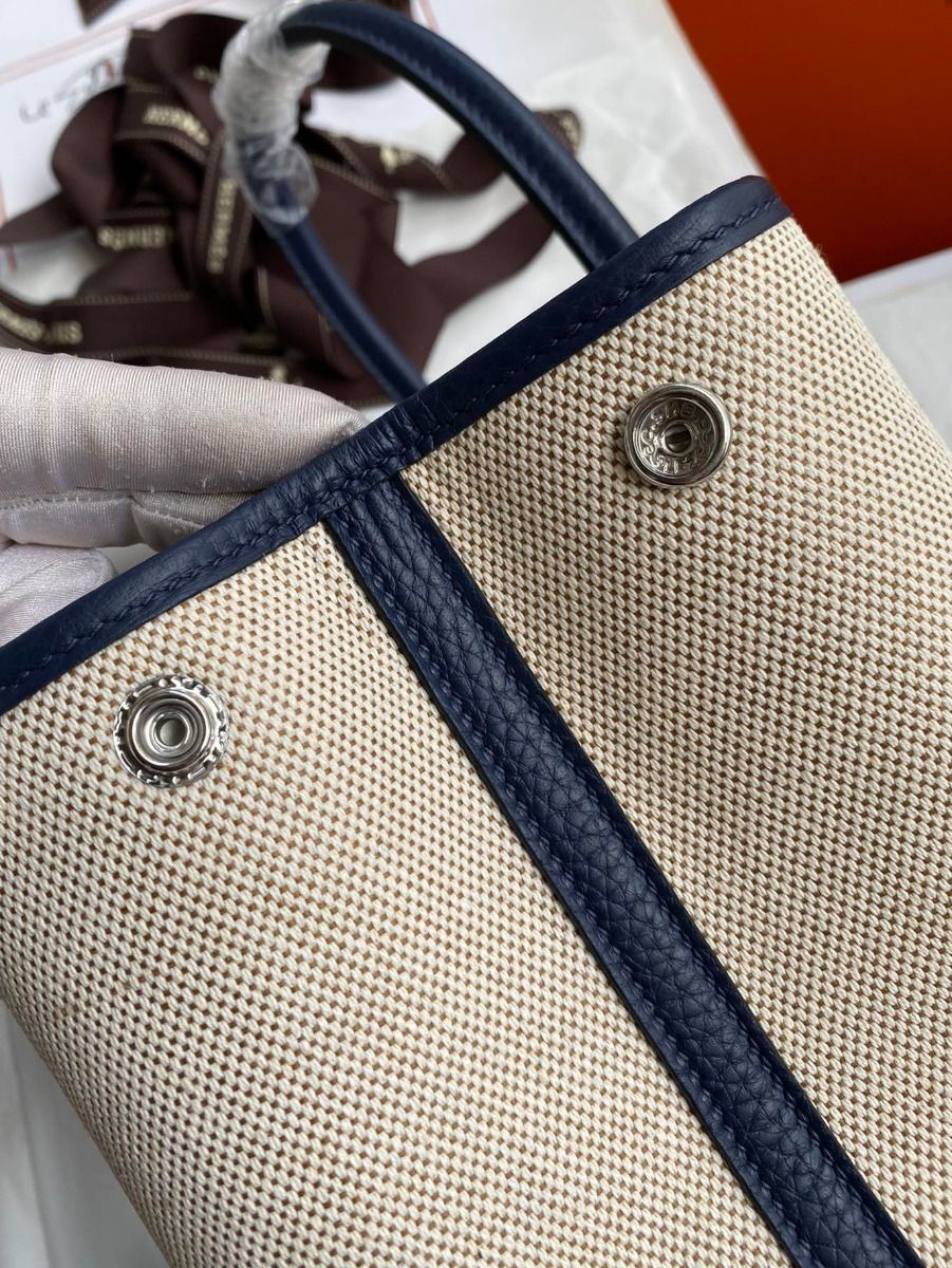 Hermes Garden Party 30 Handmade Bag in Toile and Blue Leather - Image 6