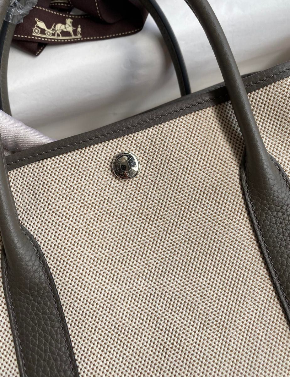 Hermes Garden Party 30 Handmade Bag in Toile and Etain Leather - Image 4