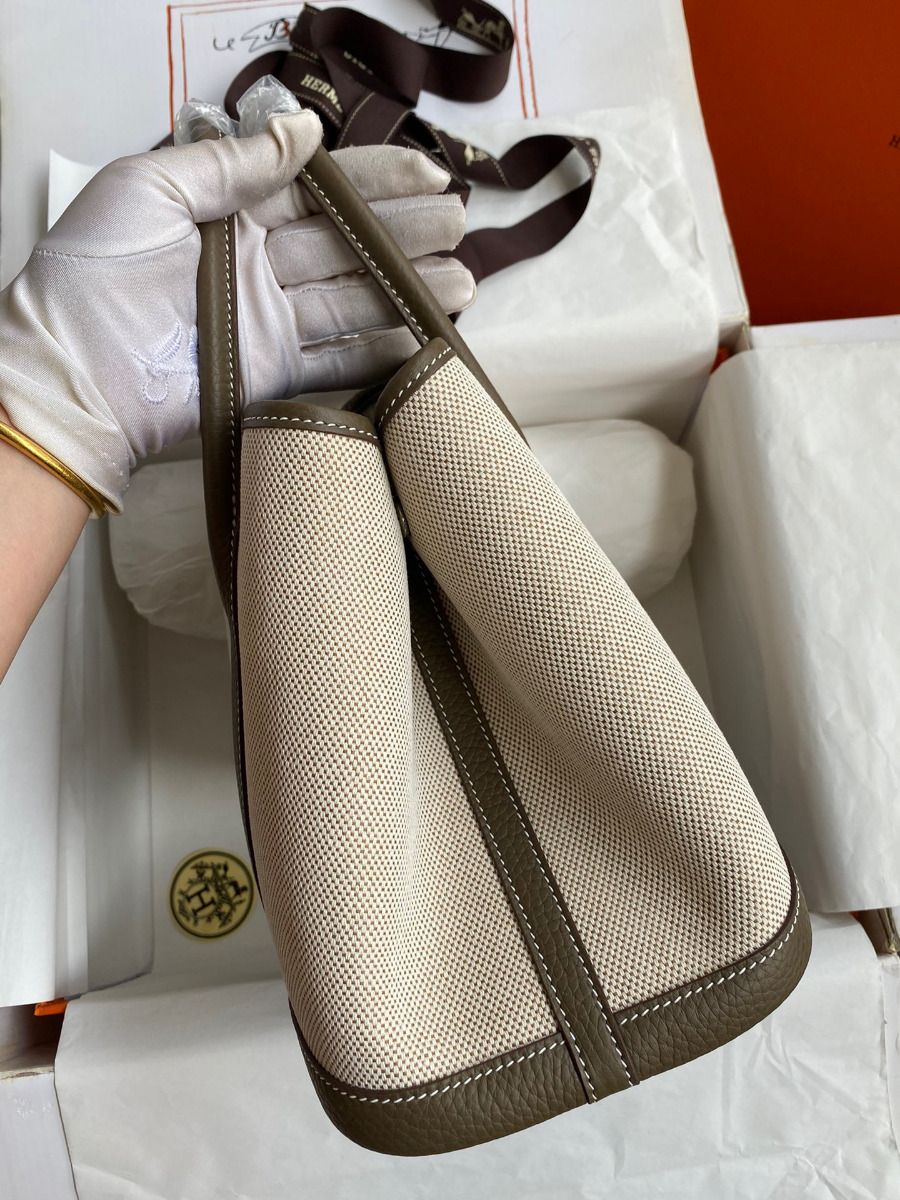 Hermes Garden Party 30 Handmade Bag in Toile and Taupe Leather - Image 3