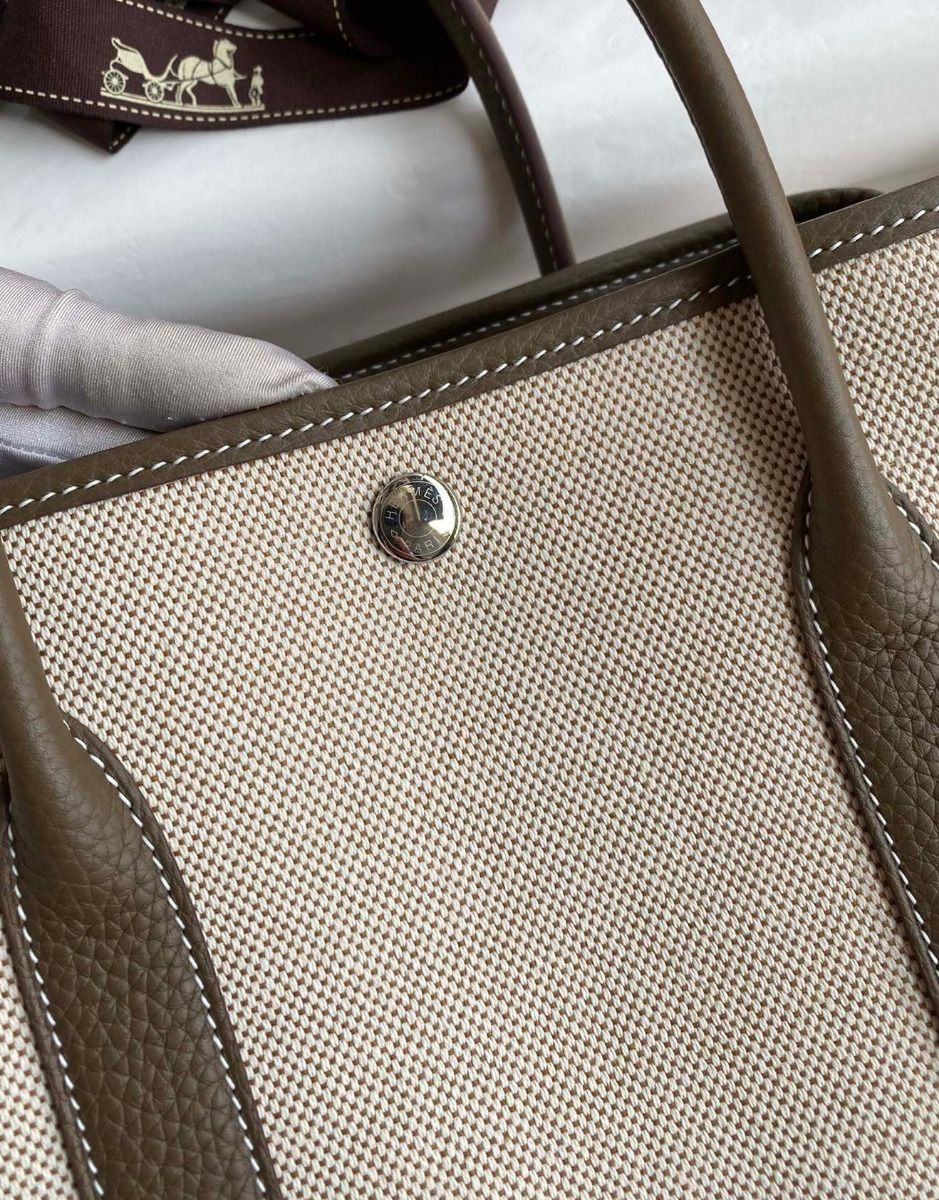 Hermes Garden Party 30 Handmade Bag in Toile and Taupe Leather - Image 4