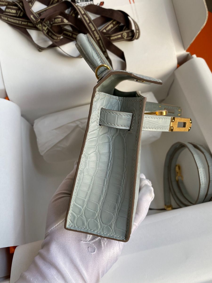 Hermes Kelly Mini II Sellier Handmade Bag In Blue Glacier Matte Alligator Leather - Image 7