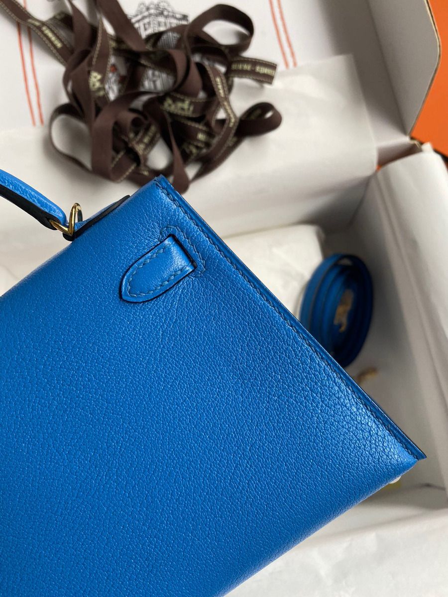 Hermes Kelly Mini II Sellier Handmade Bag In Blue Hydra Chevre Mysore Leather - Image 6