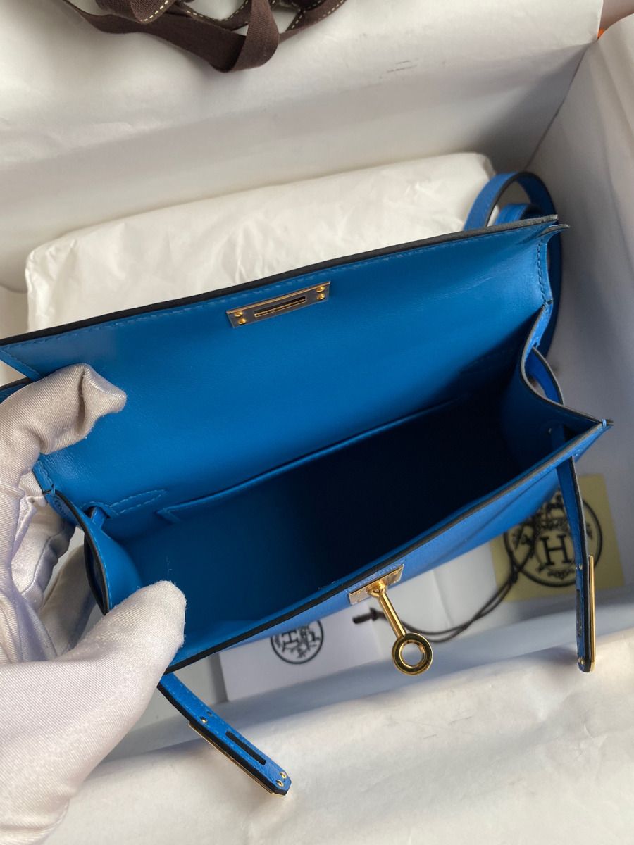 Hermes Kelly Mini II Sellier Handmade Bag In Blue Hydra Chevre Mysore Leather - Image 10