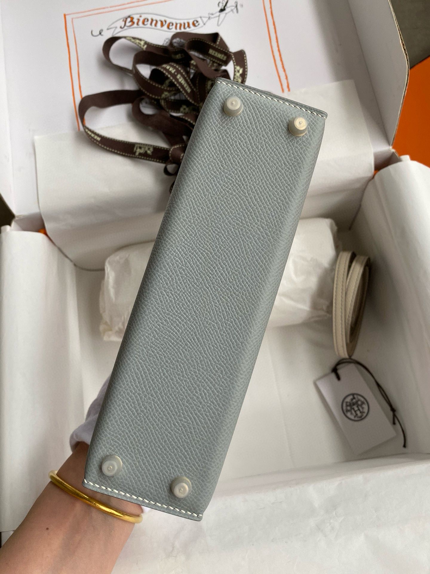 Hermes Kelly Mini II Sellier Bicolor Handmade Bag in Blue Lin and Craie Epsom Calfskin - Image 4