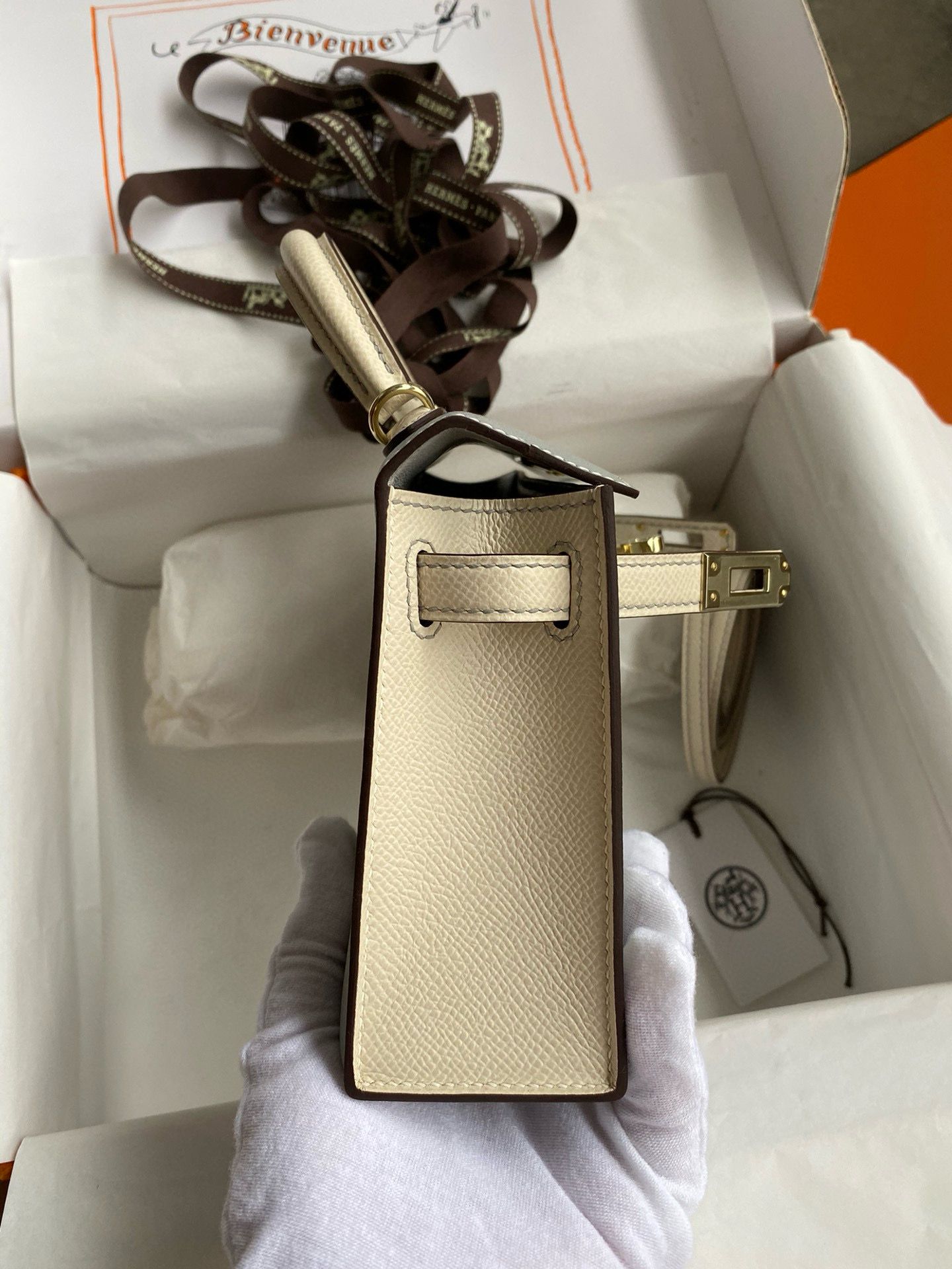 Hermes Kelly Mini II Sellier Bicolor Handmade Bag in Blue Lin and Craie Epsom Calfskin - Image 7