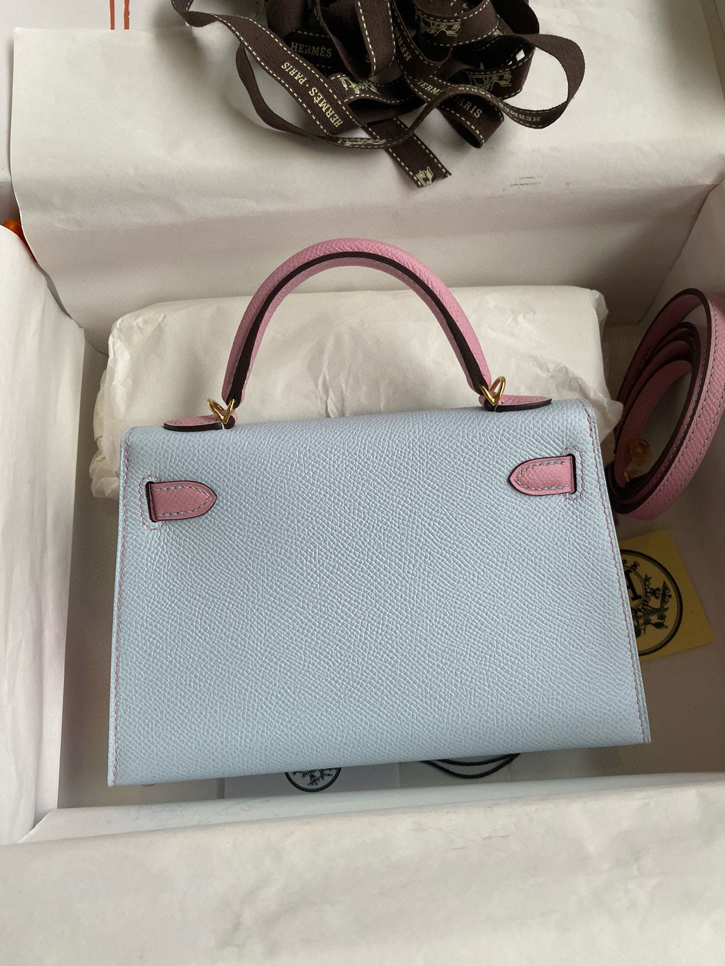 Hermes Kelly Mini II Sellier Bicolor Handmade Bag in Blue Brume and Mauve Sylvestre Epsom Calfskin - Image 3
