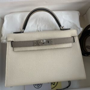 Hermes Kelly Mini II Sellier Bicolor Handmade Bag in Craie and Gris Asphalt Epsom Calfskin