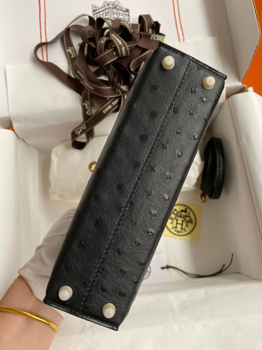 Hermes Kelly Mini II Sellier Handmade Bag In Black Ostrich Leather - Image 10