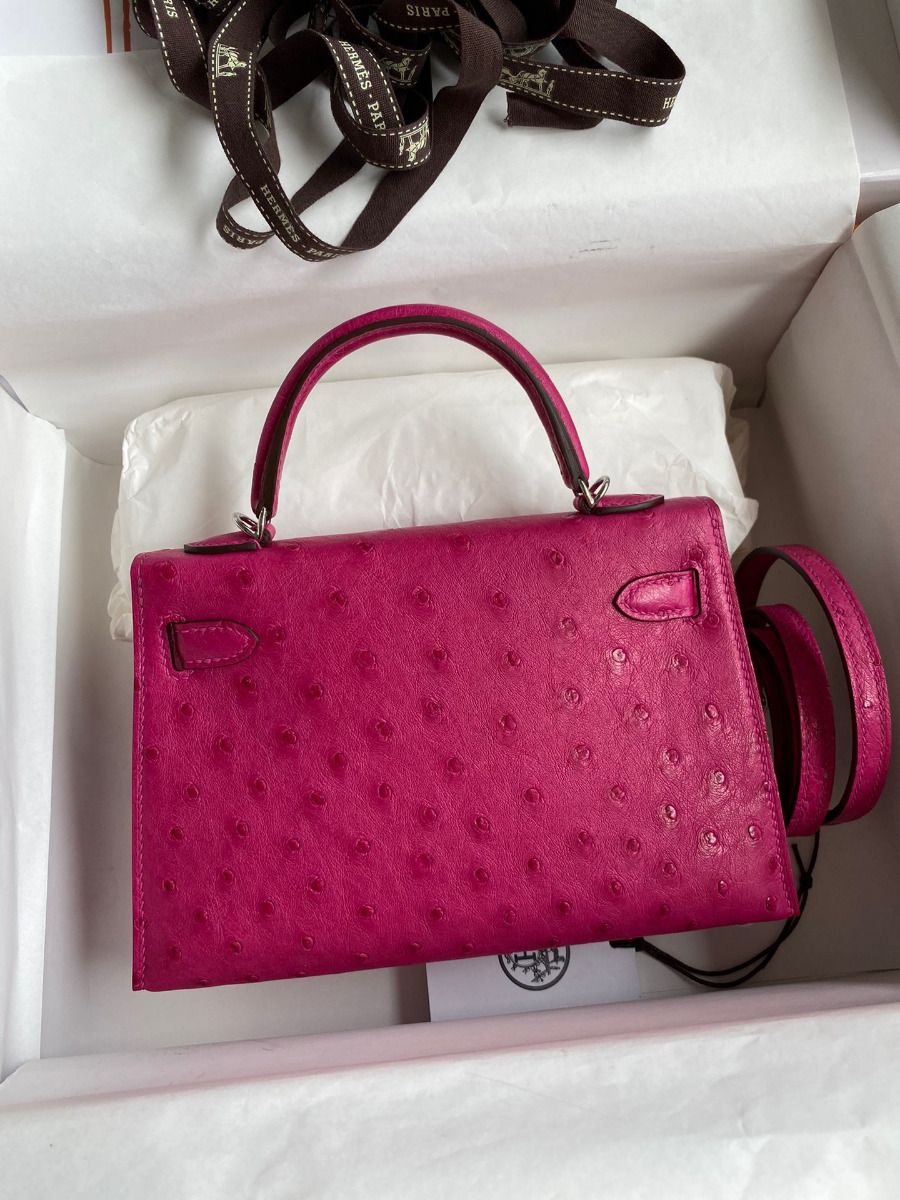 Hermes Kelly Mini II Sellier Handmade Bag In Rose Red Ostrich Leather - Image 3