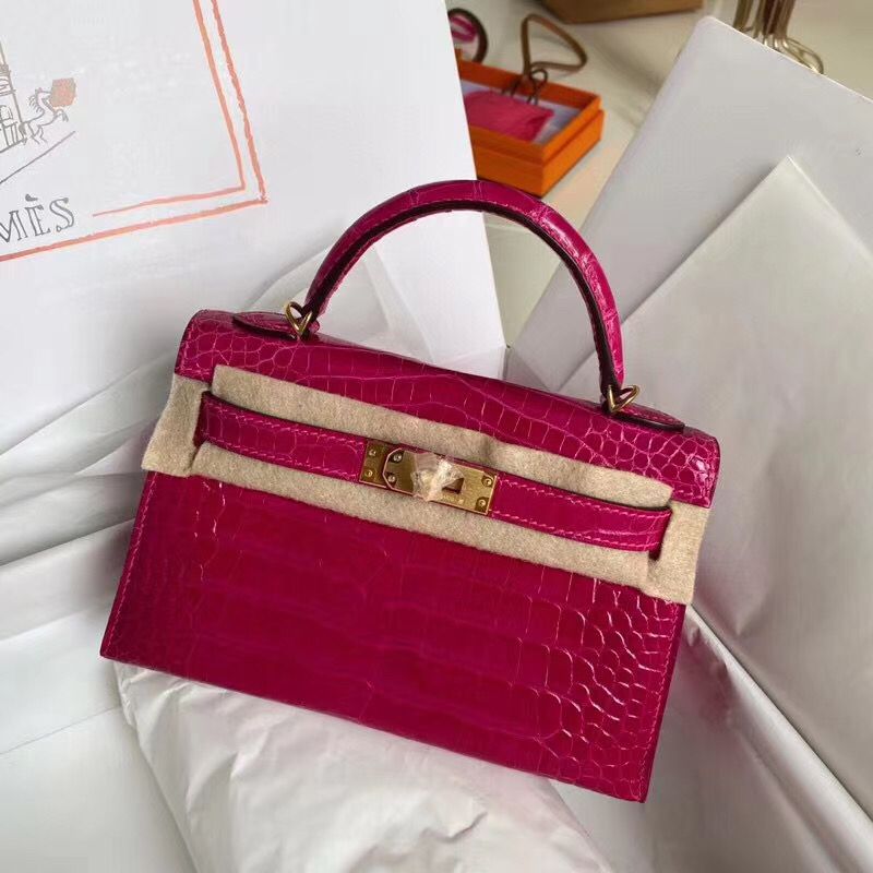 Hermes Kelly Mini II Handmade Bag In Rose Red Alligator Crocodile - Image 3