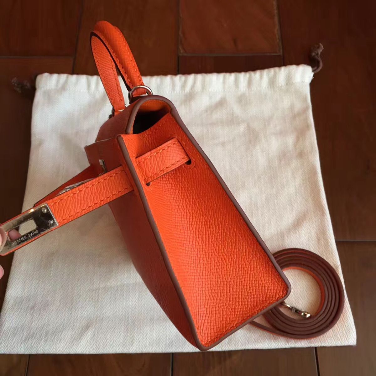 Hermes Kelly Mini II Handmade Bag In Orange Epsom Leather - Image 7
