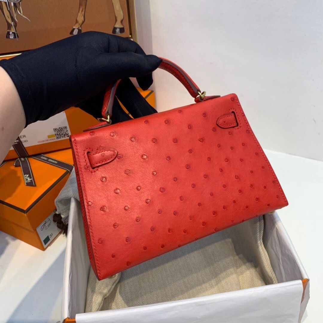 Hermes Kelly Mini II Handmade Bag In Red Ostrich Leather - Image 5