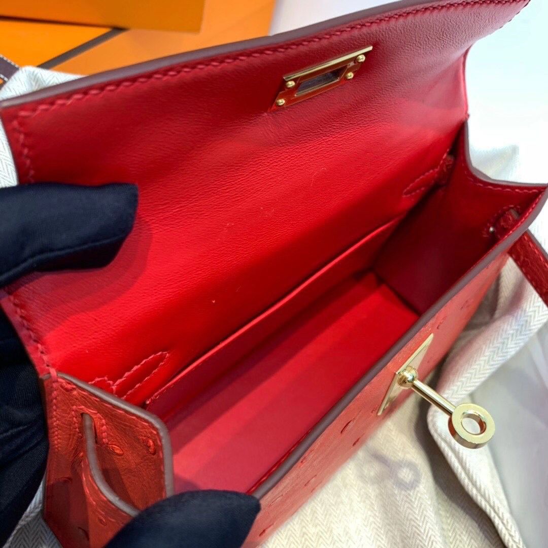 Hermes Kelly Mini II Handmade Bag In Red Ostrich Leather - Image 9