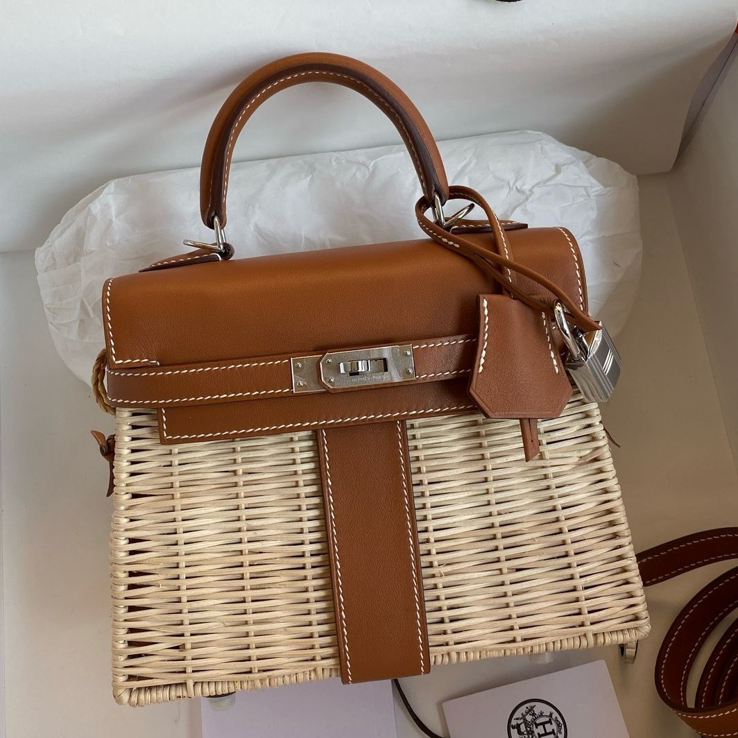 Hermes Picnic Kelly Mini 20 Bag in Wicker and Gold Calfskin - Image 9