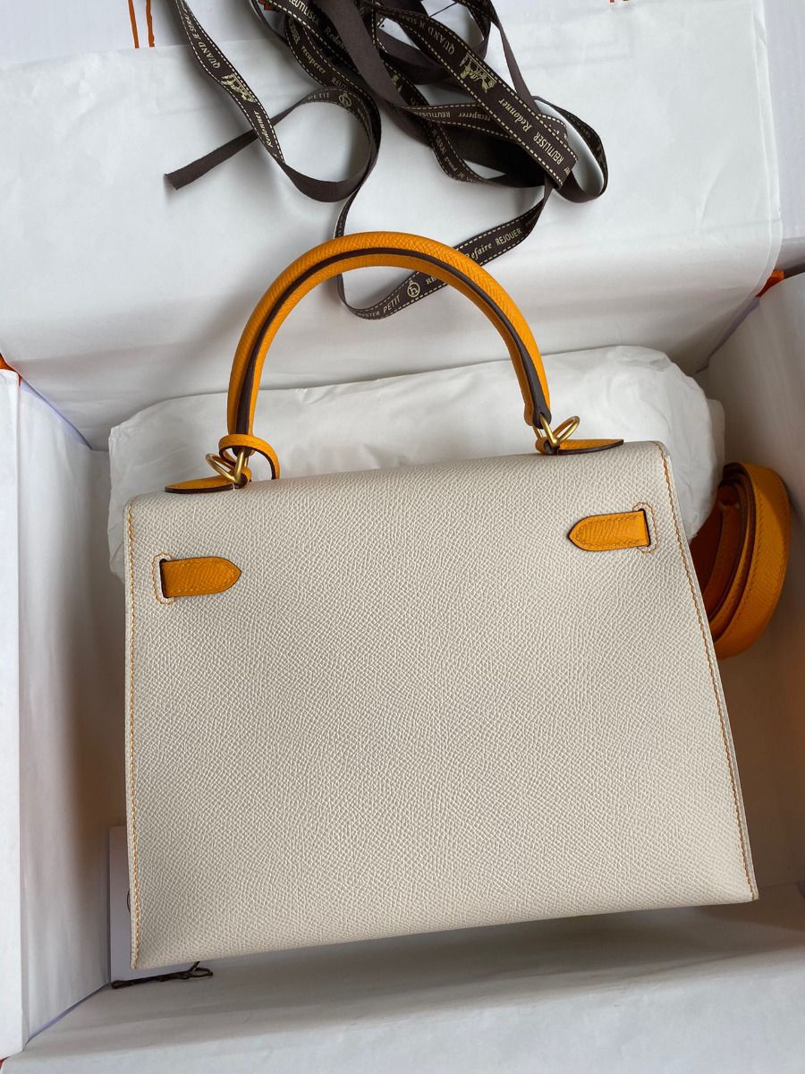 Hermes Kelly Sellier 25 Bicolor Bag in Craie and Yellow Epsom Calfskin - Image 3