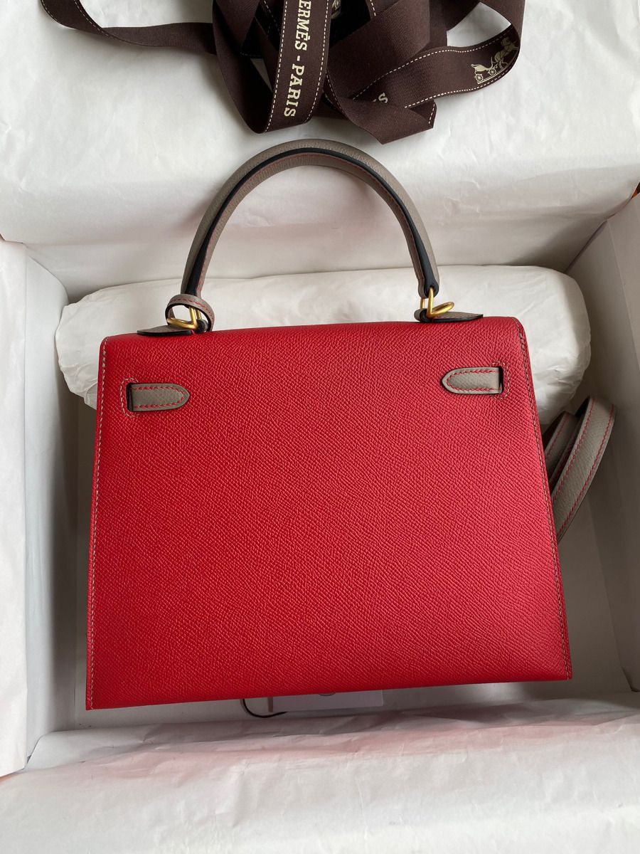 Hermes Kelly Sellier 25 Bicolor Bag in Red and Etain Epsom Calfskin - Image 3