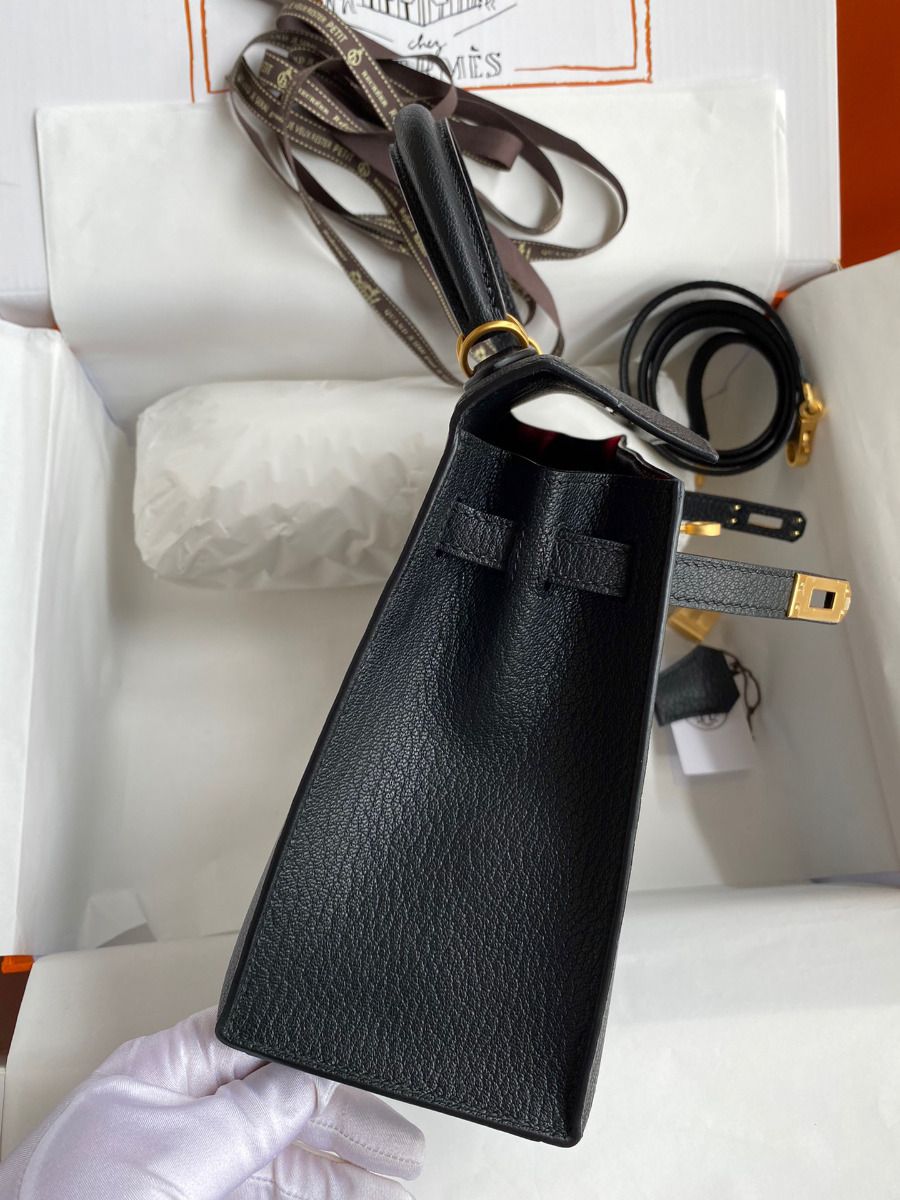 Hermes Kelly Sellier 25 Handmade Bag In Black Mysore Goatskin - Image 6