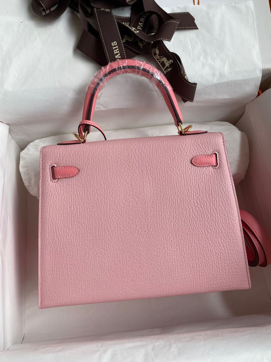 Hermes Kelly Sellier 25 Bicolor Bag in Rose Confetti and Lipstick Mysore Goatskin - Image 3