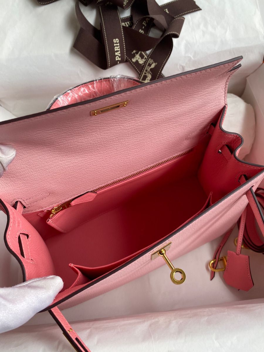Hermes Kelly Sellier 25 Bicolor Bag in Rose Confetti and Lipstick Mysore Goatskin - Image 8