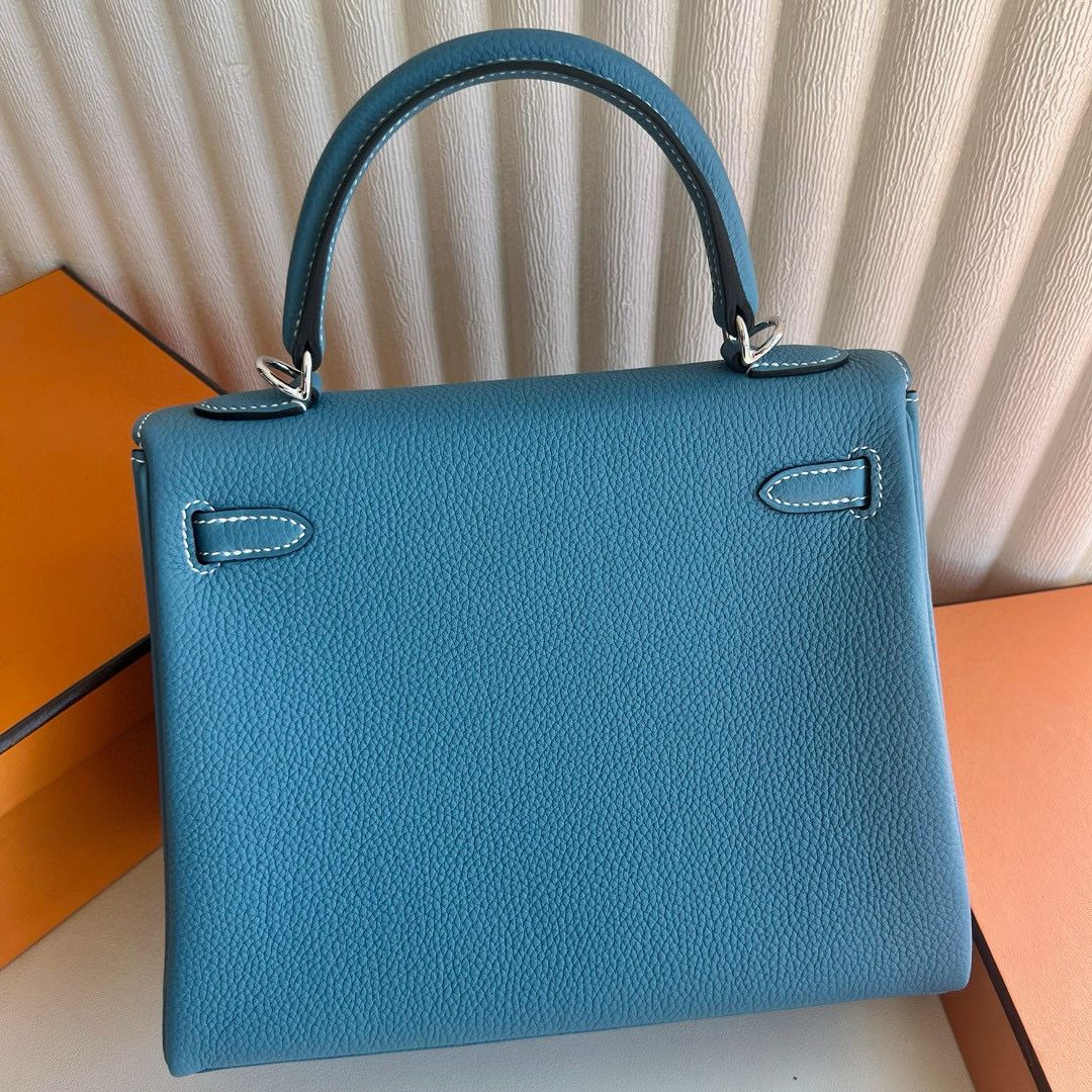Hermes Kelly Retourne 25 Handmade Bag Blue Jean Clemence Leather - Image 9