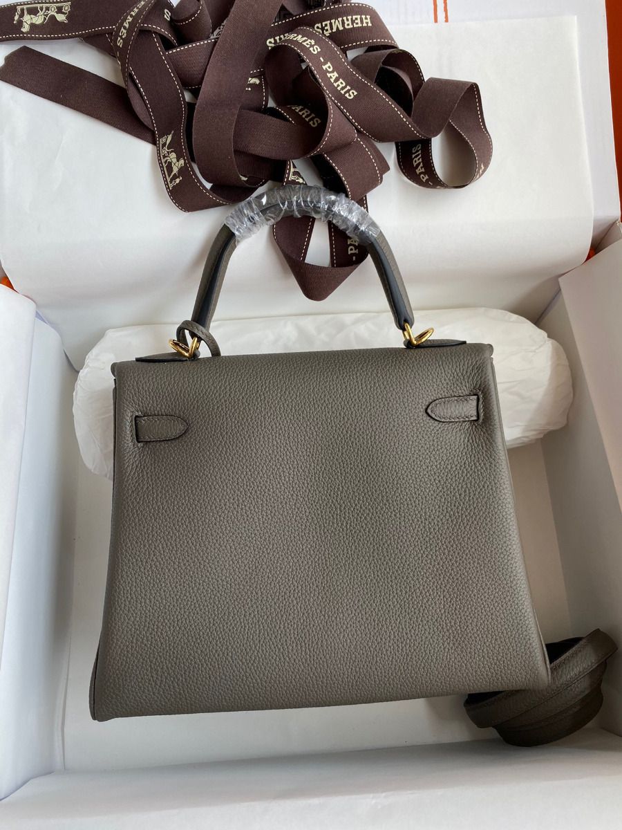 Hermes Kelly Retourne 25 Handmade Bag In Etain Clemence Leather - Image 3