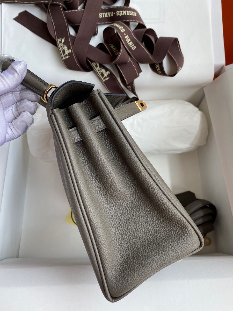 Hermes Kelly Retourne 25 Handmade Bag In Etain Clemence Leather - Image 6