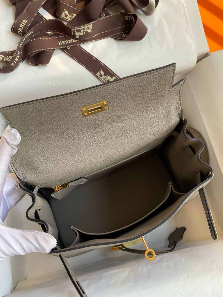 Hermes Kelly Retourne 25 Handmade Bag In Gris Meyer Clemence Leather - Image 9