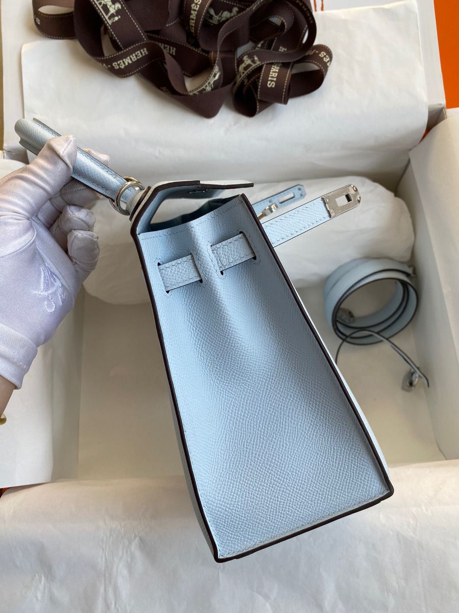 Hermes Kelly Sellier 25 Handmade Bag In Blue Brume Epsom Calfskin - Image 6