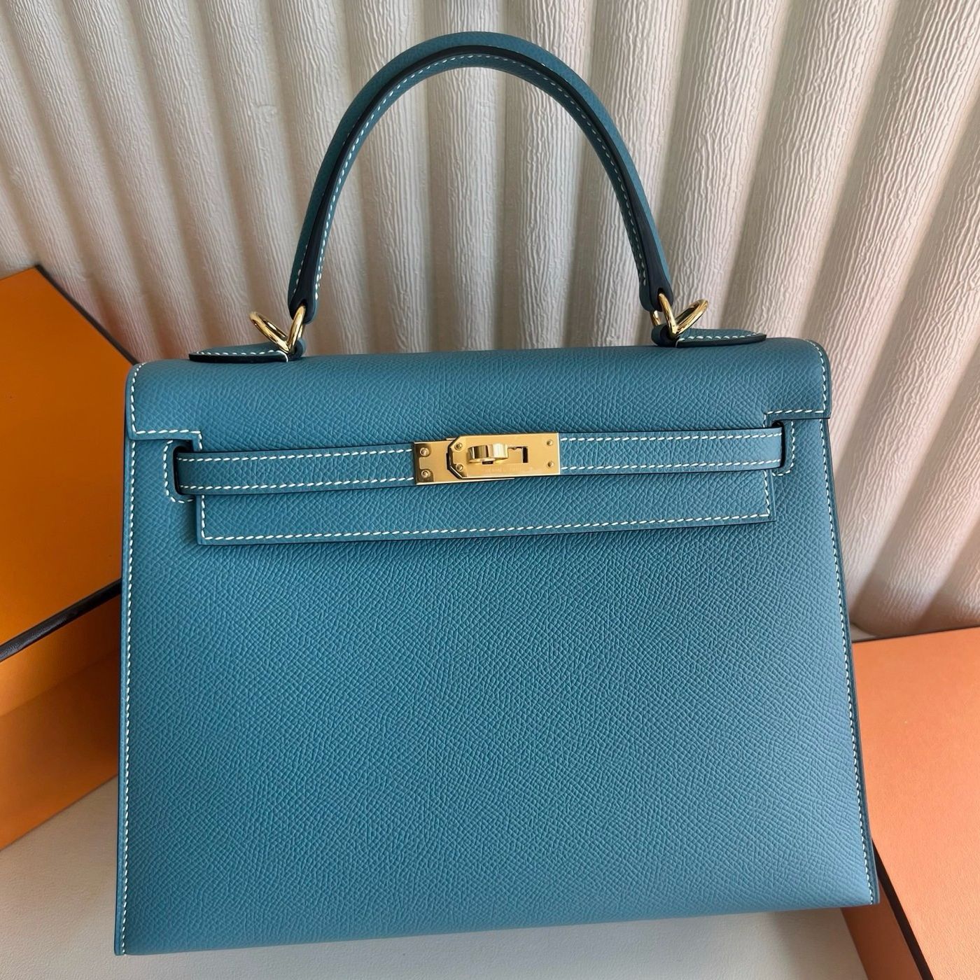 Hermes Kelly Sellier 25 Handmade Bag in New Blue Jean Epsom Calfskin