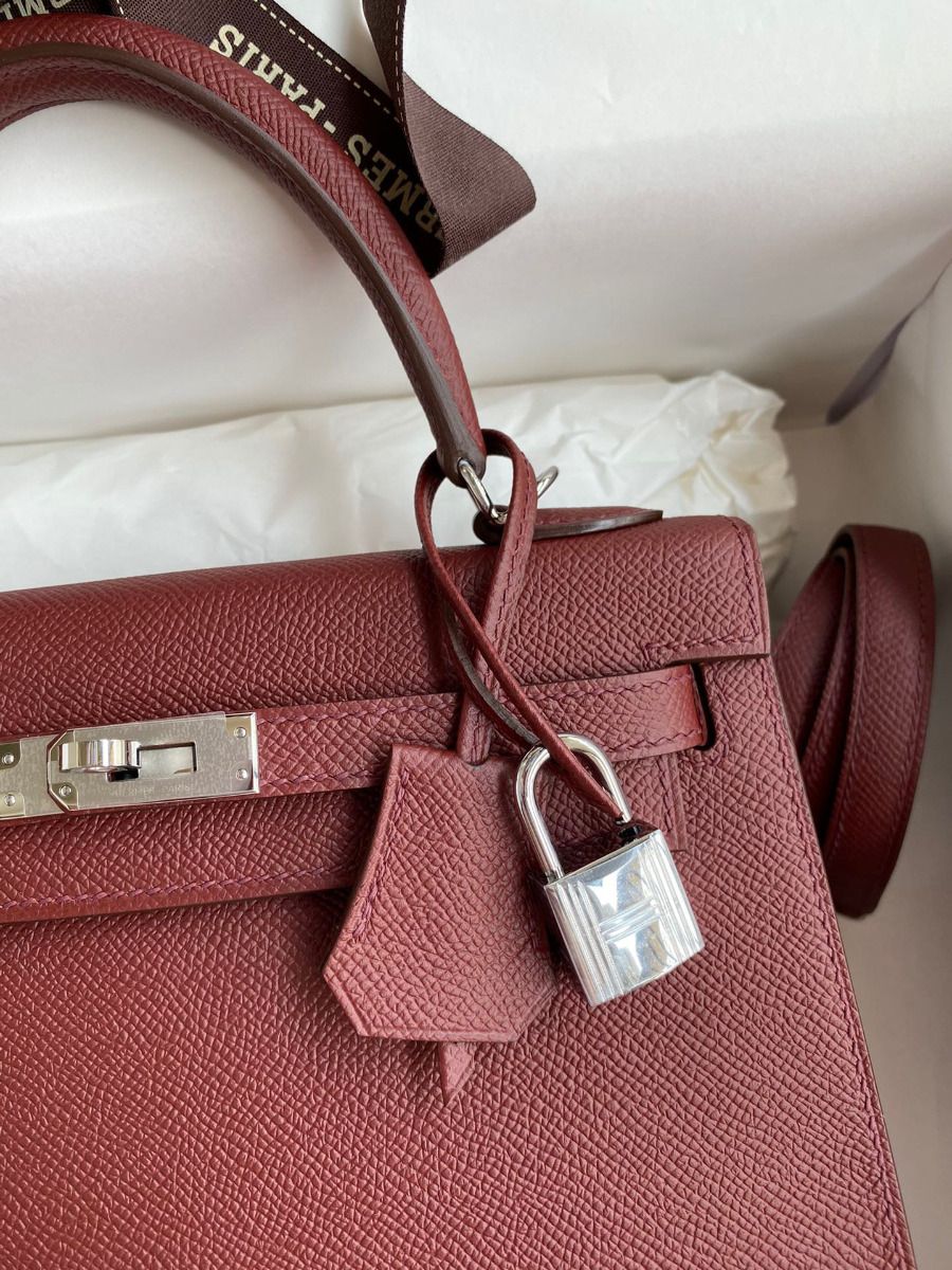 Hermes Kelly Sellier 25 Handmade Bag In Bordeaux Epsom Calfskin - Image 4