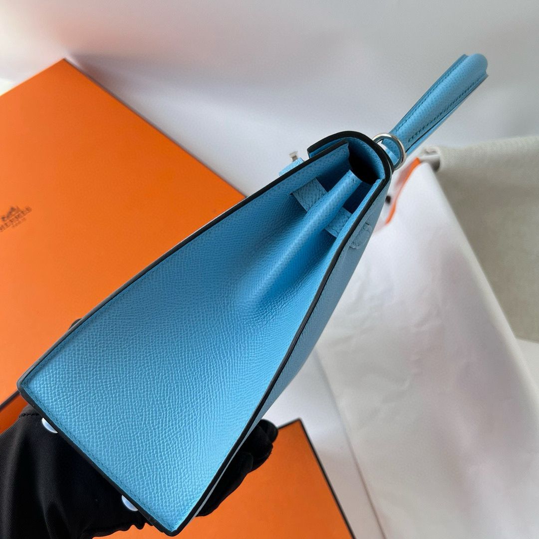 Hermes Kelly Sellier 25 Handmade Bag in Blue Azteque Epsom Calfskin - Image 5