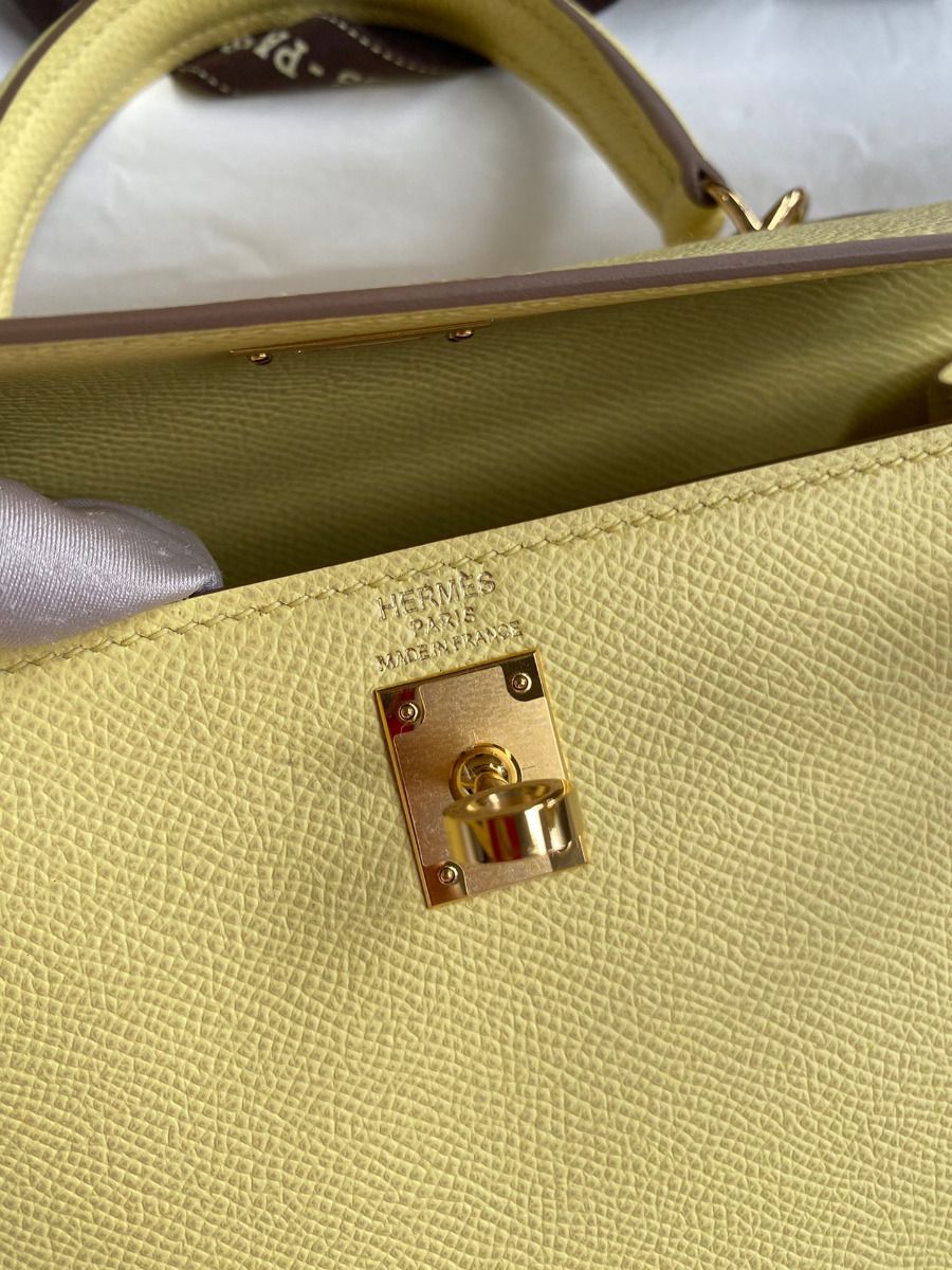 Hermes Kelly Sellier 25 Handmade Bag In Jaune Poussin Epsom Calfskin - Image 8