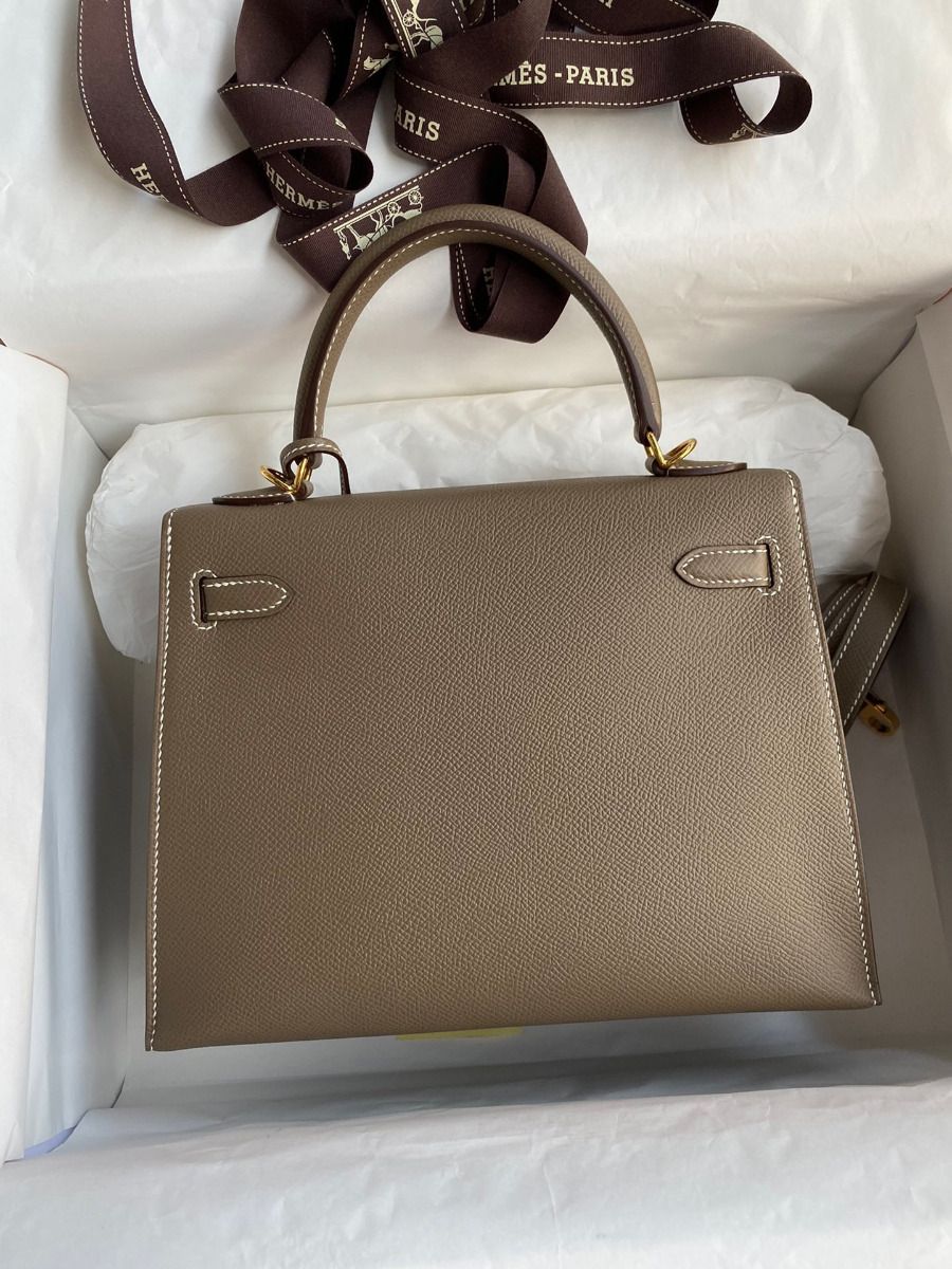 Hermes Kelly Sellier 25 Handmade Bag In Taupe Epsom Calfskin - Image 3
