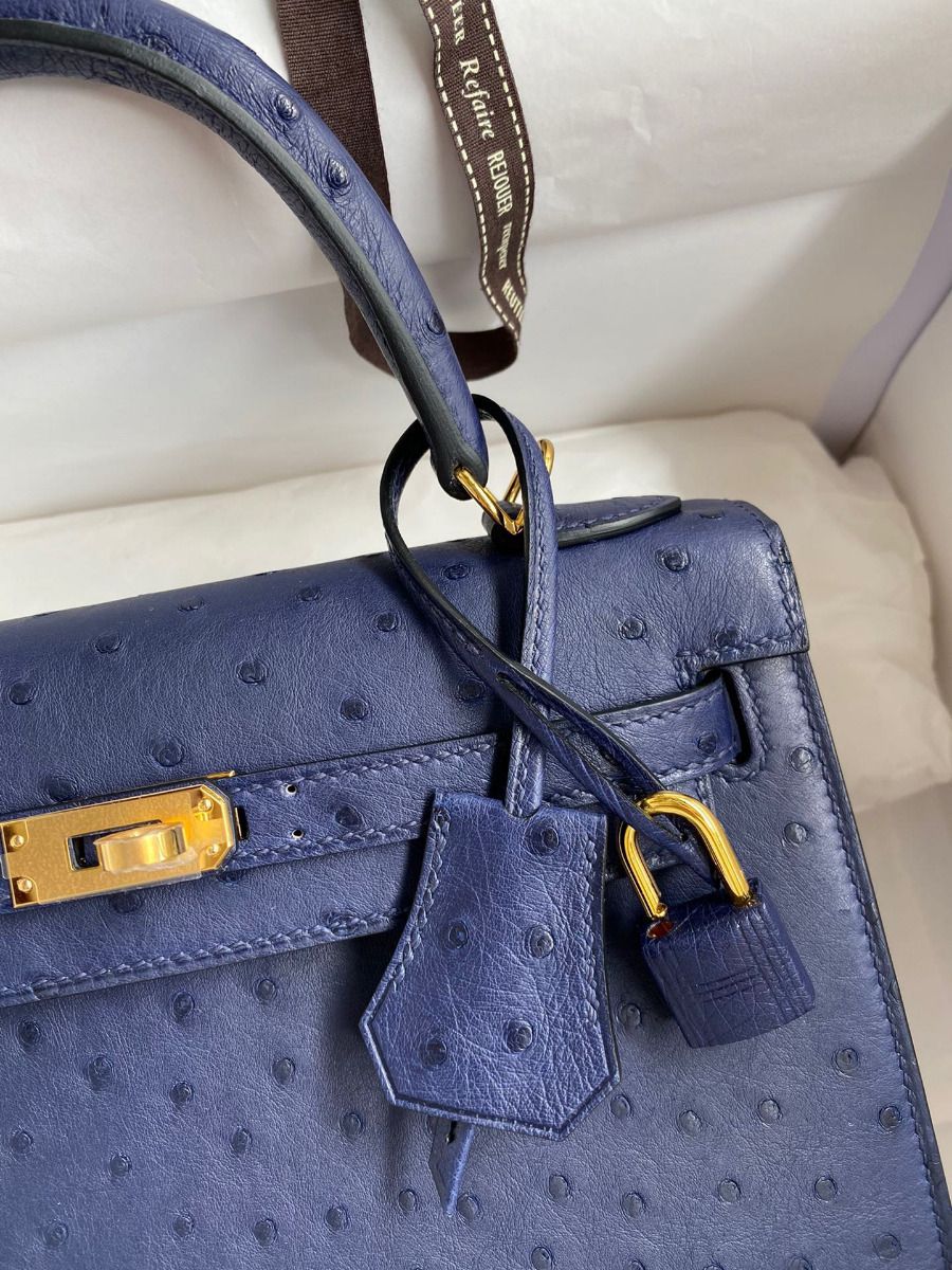 Hermes Kelly Sellier 25 Handmade Bag In Blue Iris Ostrich Leather - Image 4