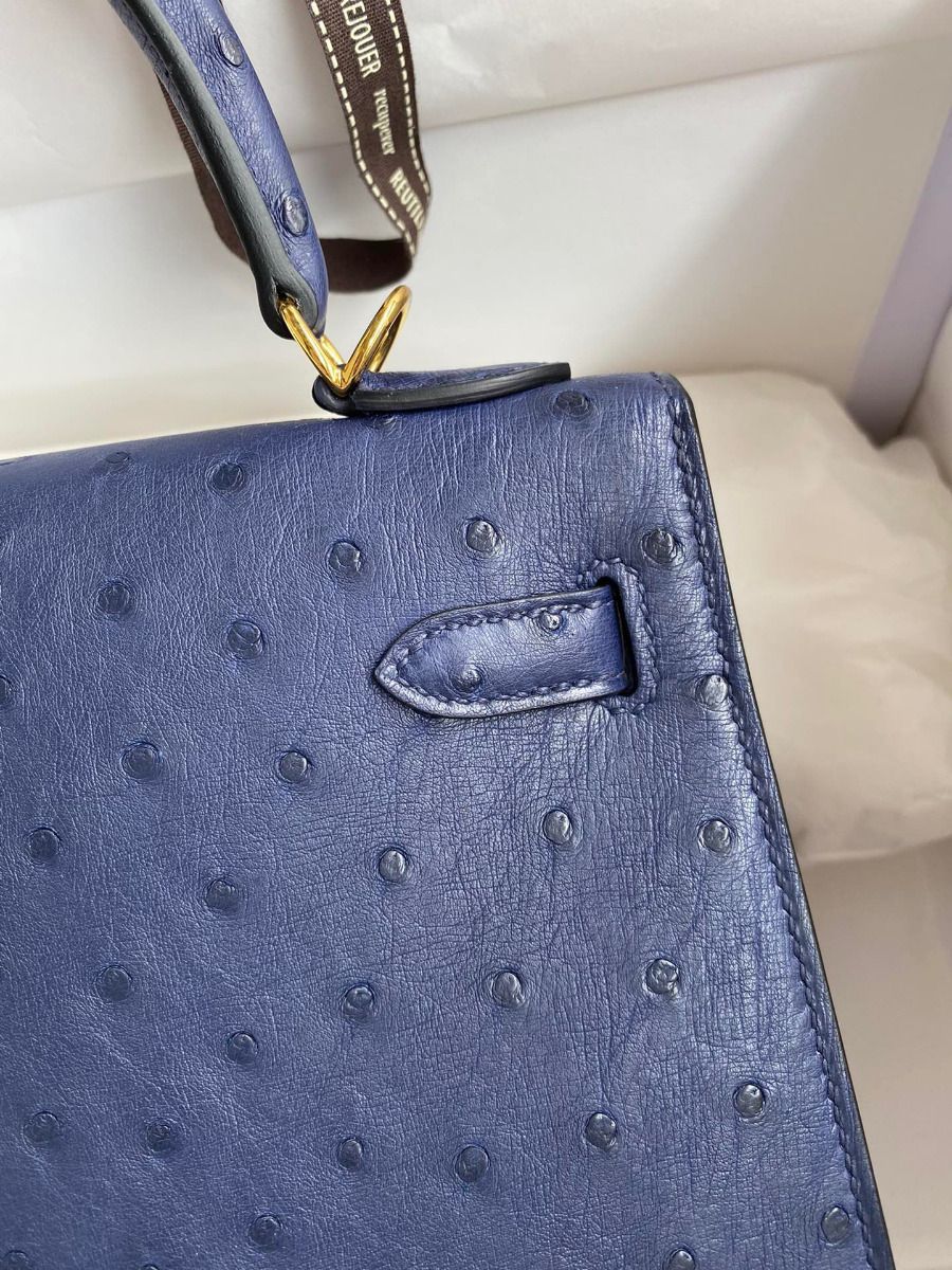 Hermes Kelly Sellier 25 Handmade Bag In Blue Iris Ostrich Leather - Image 5