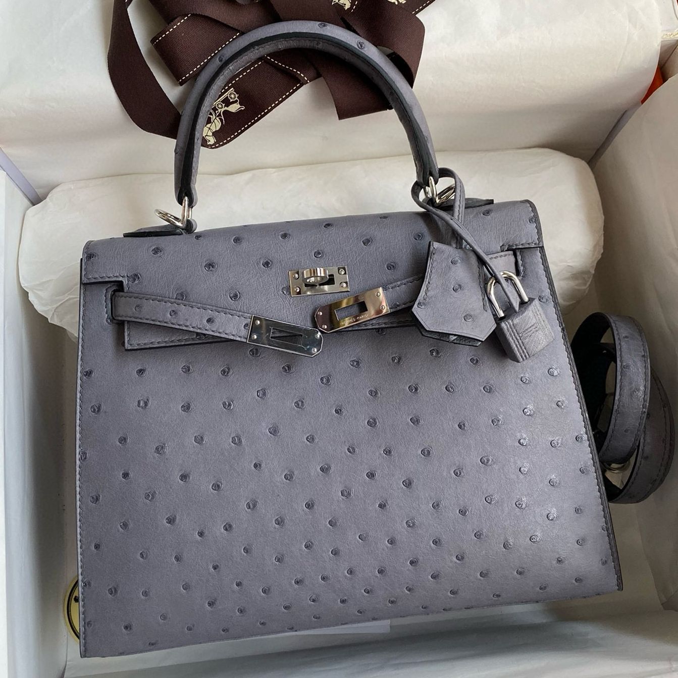 Hermes Kelly Sellier 25 Handmade Bag in Gris Agate Ostrich Leather