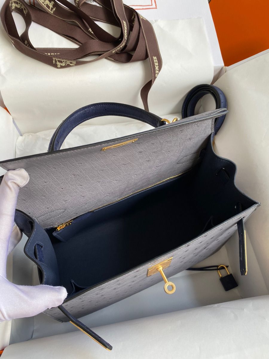 Hermes Kelly Sellier 25 Bicolor Bag in Gris Agate and Blue Ostrich Leather - Image 9