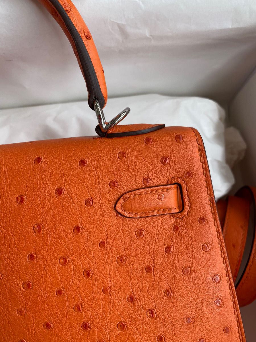 Hermes Kelly Sellier 25 Handmade Bag In Orange Ostrich Leather - Image 6